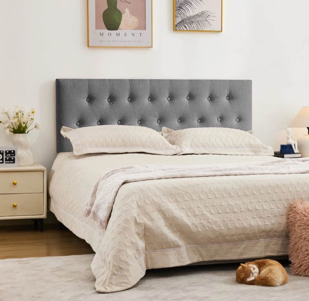 jonpony tufted upholstered headboard queen size, solid wood head board with  adjustable height  headboard from 37" to 51",bed frame adapters,gray,headboard only