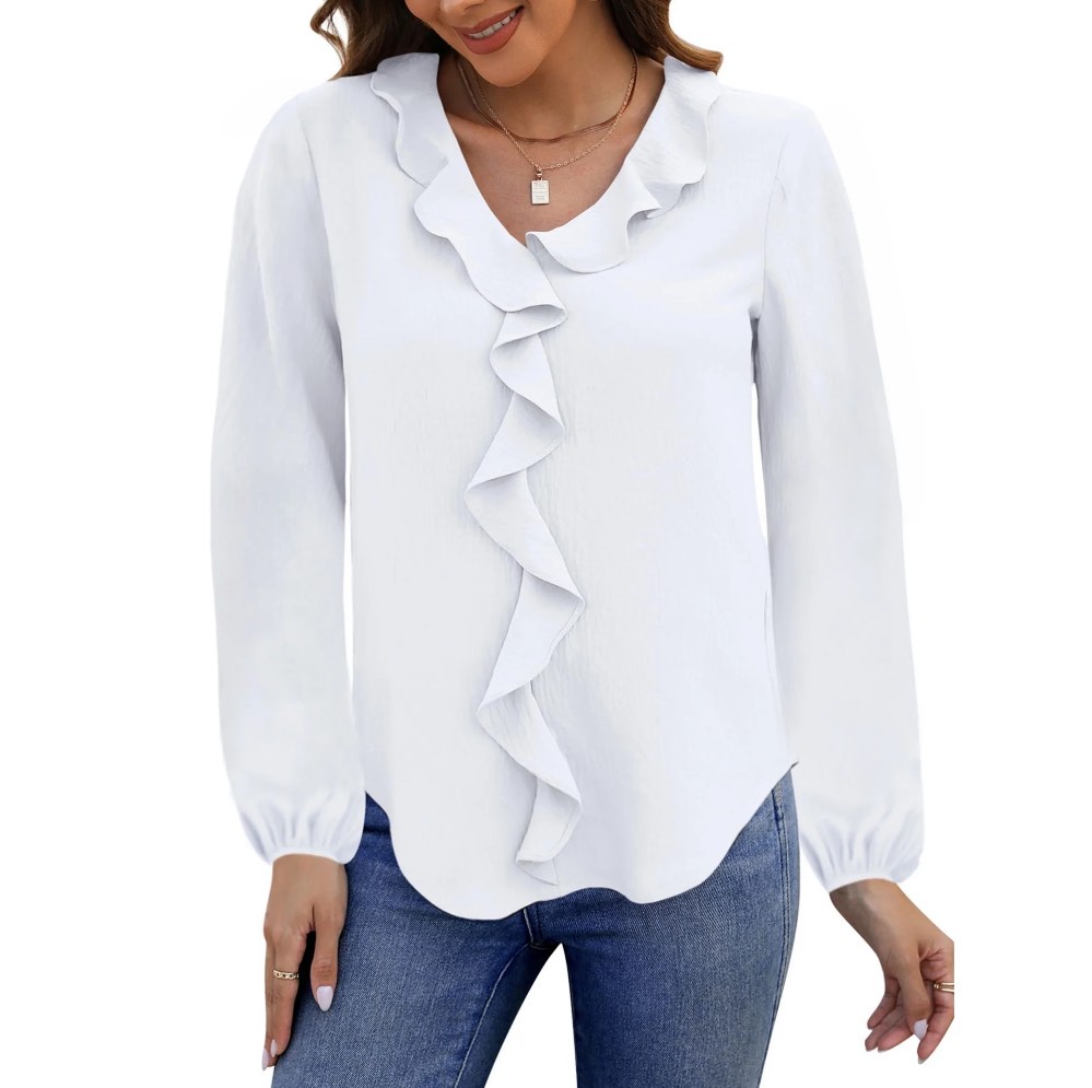 UVN Blouses for Women V Neck Long Sleeve Shirts Dressy Casual Ruffle Chiffon Tops, 2XL