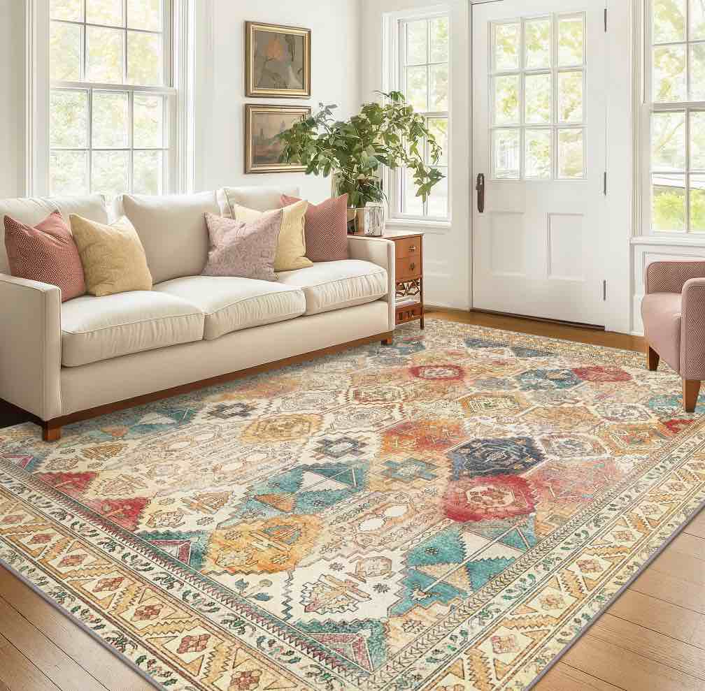 KUETH Area Rugs for Living Room, Large Washable Rug with Non Slip, Ultra Thin Rug for Bedroom,Kitchen,Dorm,Playroom, Clear Vintage Print Area Rugs, 8x10