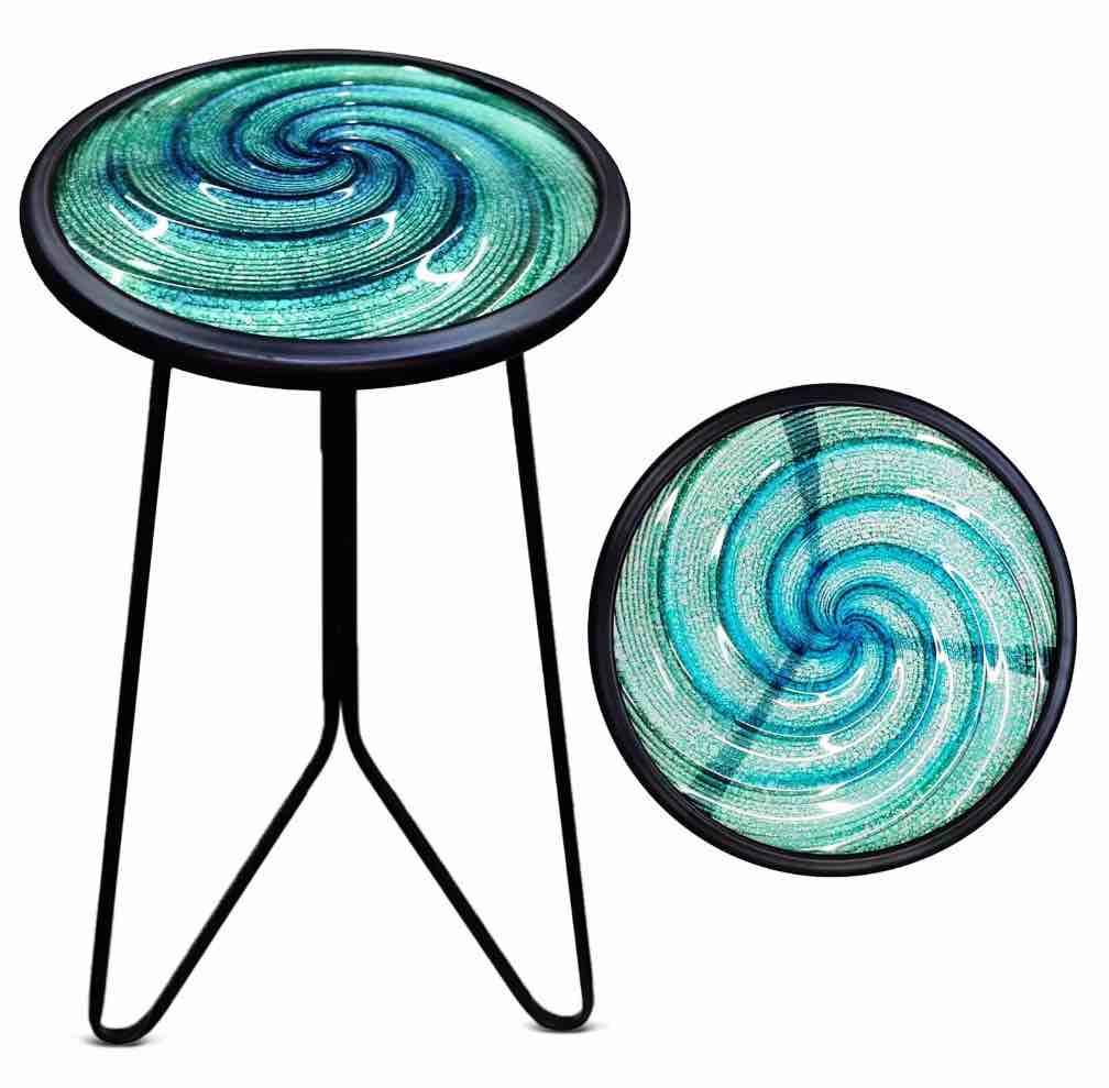 Liffy Green Glass Side Table - 20" Height Vortex Metal End Table with Plant Stand for Living Room, Balcony, Porch