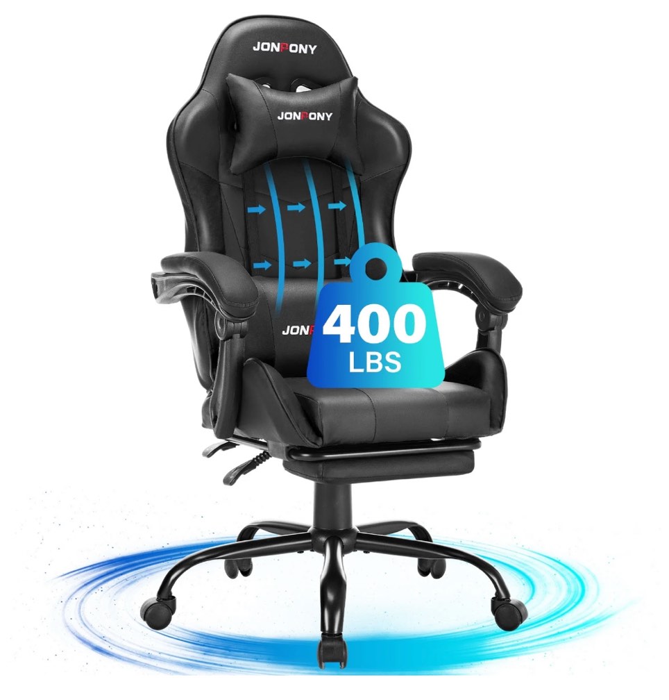 JONPONY Big and Tall 400LBS Gaming Chair, Ergonomic Design, Gamer Chair PU Leather with Footrest and Lumbar Support, High Back Office Chair Support 8 Hours Long Sitting, Computer Chair,Black