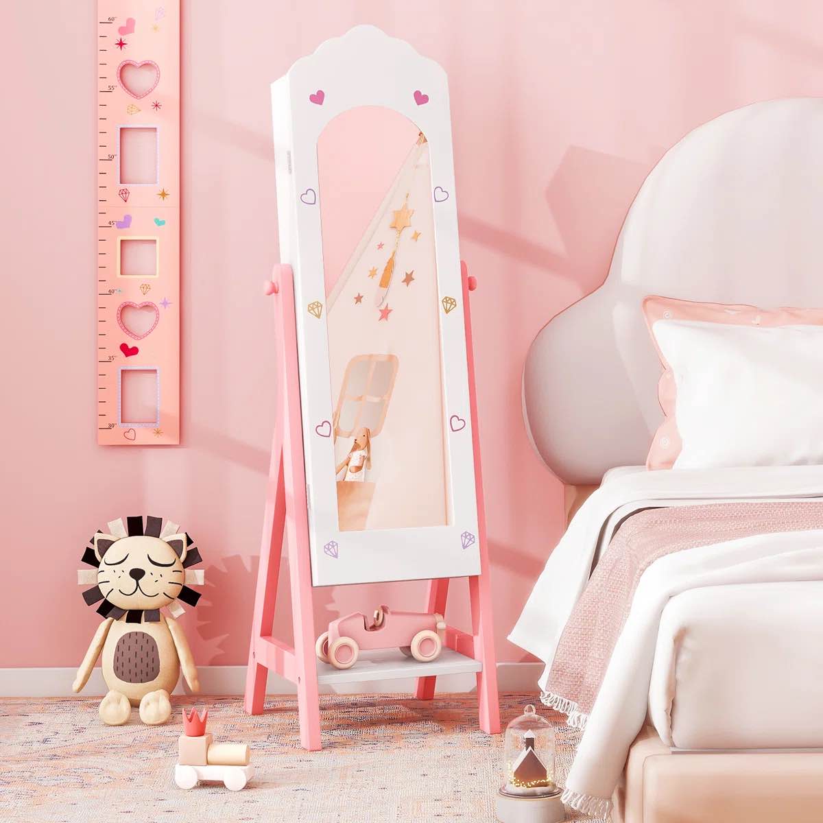 Kids Jewelry Armoire Cabinet Freestanding Full Length Dressing Mirror With Large Capacity