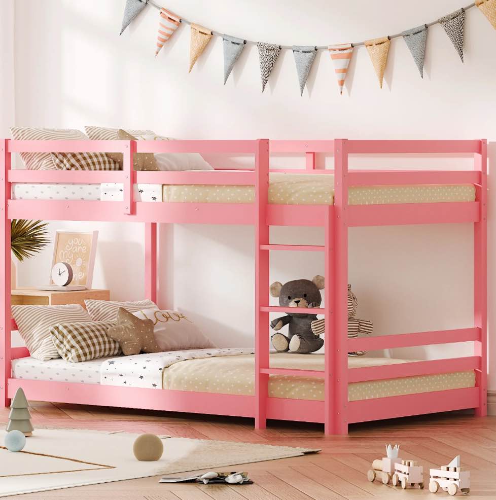 Zimtown Bunk Bed Twin Over Twin,Kids Low Floor Bunk Bed with Guard Rails for Children Boys Girls Dormitory Bedroom,No Box Spring Needed,Pink
