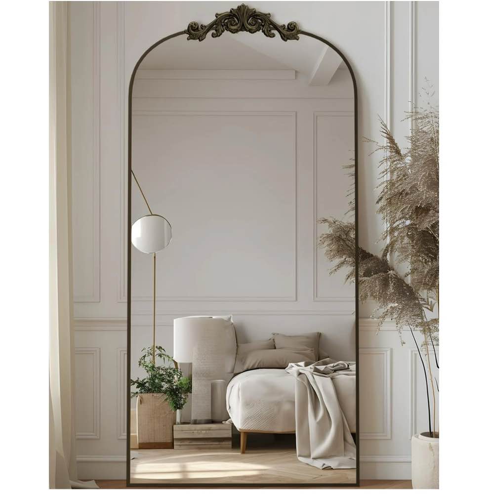 Antok 71"x28" Vintage Arched Full-Length Mirror with Carved Metal Frame, Baroque-Style Floor Mirror for Living Room, Bedroom, Entryway or Hallway Decor, Bronze