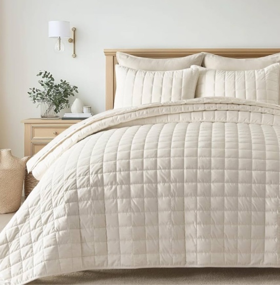 EVERGRACE Pearl Velvet Quilt Set Full Size, Luxurious Soft Velvet Comforter Set, Lightweight Oversized Bedspread Coverlet, Box Stitch Quilted Bedding Sets for All Season, with 2 Shams, Ivory White