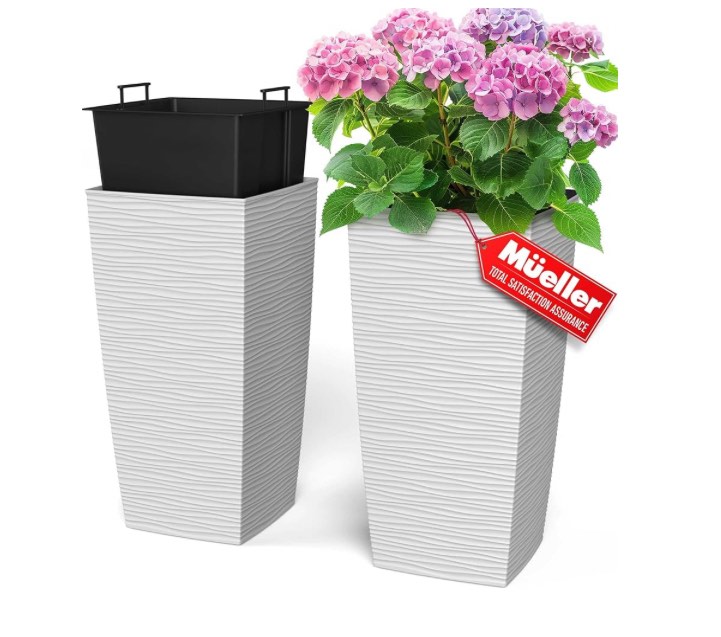 Mueller M-Resin Heavy Duty Tall Planters for Outdoor Plants, Indoor Grande Plant Pots, Boxes, Trees, Flower Pots, 2-Piece Set, 18”, Modern Design, Built-in Drainage, Front Porch Decor, White