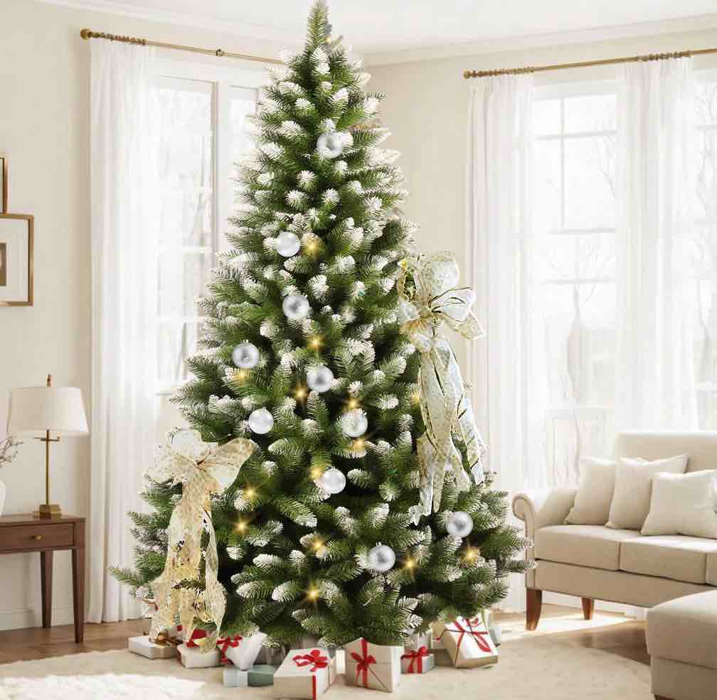 Yexmas 7.5ft Pre-Lit Green Christmas Tree, 11 Modes Colored LED Lights, Artificial Xmas Tree with Large Storage Bag