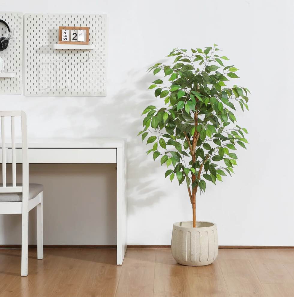 4FT Artificial Ficus Tree with Natural Wood Trunk and Lifelike Leaves, Silk Fake Potted Tree with Wood Branches, Faux Tree for Office Home Decor