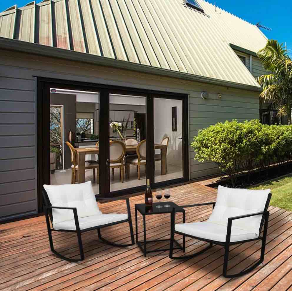 Zimtown Outdoor Rocking Chair Conversation Set for Patio Furniture Cushioned 3 Pieces Iron Rocking Chair Set  Wicker Rocking Bistro Set