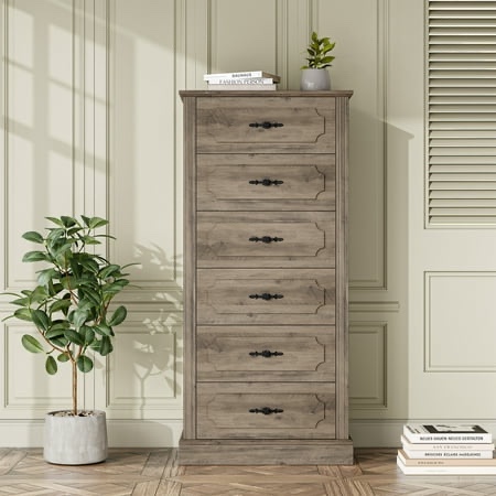 Homfa 6 Drawer Chest Gray Vertical Dresser for Bedroom 51 Wood Storage Cabinet with Classic Handle for Living Room Entryway