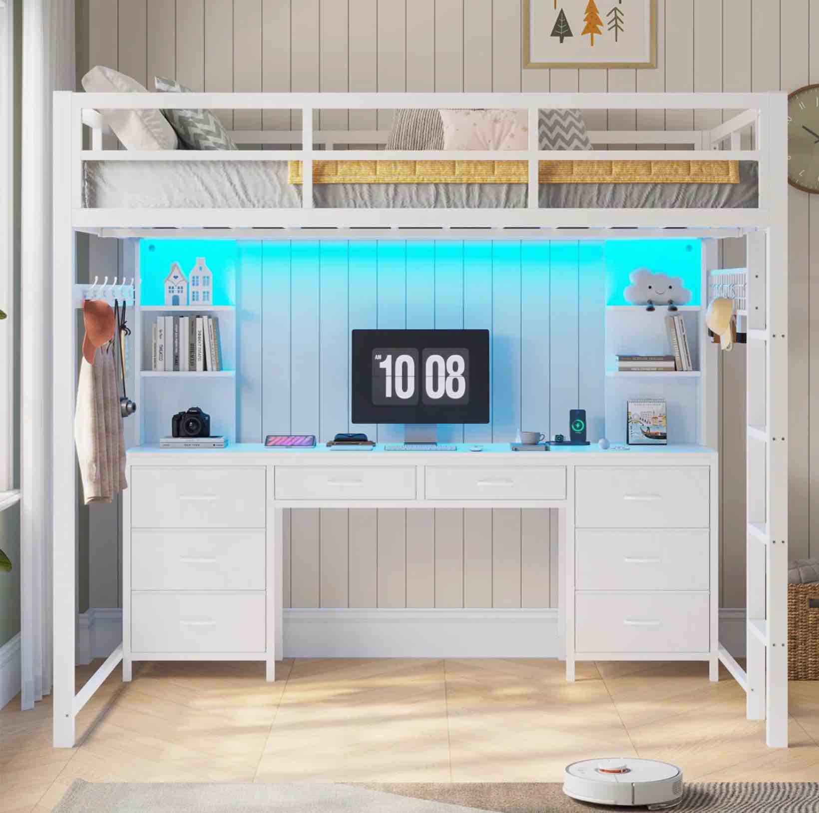 Loft Bed With Desk And Charging Station, Metal Loft Bed With 8 Drawers Storage And Led Lights, 4 Open Storage Shelves,