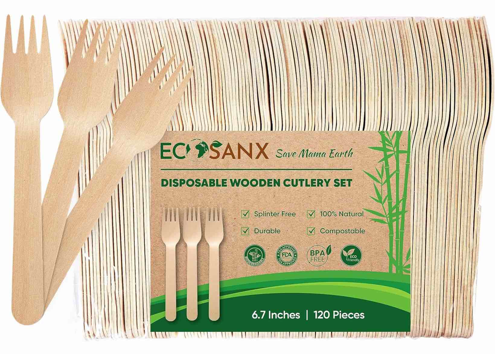 ecosanx® 120 pcs disposable wooden cutlery set 6.5" splinter free compostable utensils for party, ec