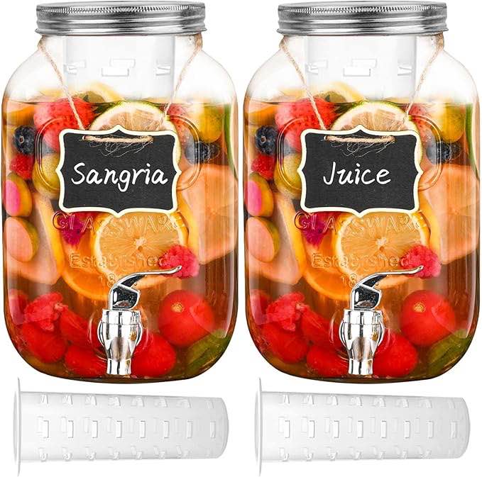 Eleganttime 1 Gallon Glass Drink Dispensers for Parties,2 Pack Beverage Dispenser with Fruit Infuser,Laundry Detergent Dispenser Punch Bowls Water Juice dispensers with Easy Flow Spigot for Outdoor