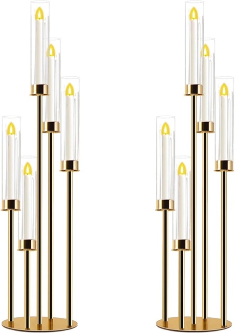 Candelabra Gold Centerpiece 5 Arms Taper Candle Holder Gold Centerpiece with Acrylic Tubes for Table Decoration Wedding Event Party Aisle Stage Home Decor (2, M)