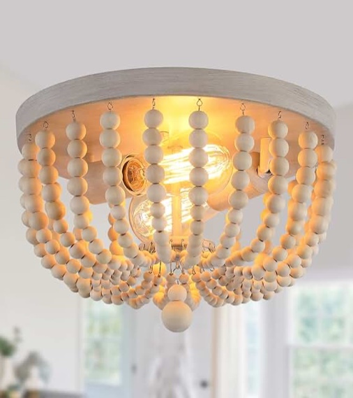 Q&S Boho Chandelier Wood Beaded Flush Mount Ceiling Light Fixtures for Nursery Baby Bedroom Kitchen Hallway,Oak White Finish,2-Lights