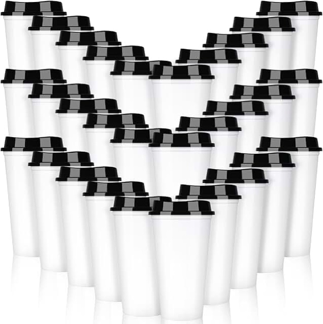Domensi 30 Pack Reusable Coffee Cups with Lids 16 oz Disposable Travel Cups Bulk Plastic to Go Coffee Tumblers for DIY Hot Cold Drink Party Favors Coworker, Microwaveable (Black)