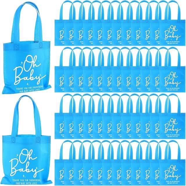 Sweetude 50 Pcs Baby Shower Boy Gift Bag Favor Non Woven Treat Tote Bags with Handles Gender Reveal Party Supplies for Guests