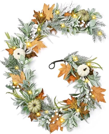 Waipfaru Fall Decor, Fall Garland with Lights, 6FT Autumn Eucalyptus Leaves Lighted Garland with Flower Thanksgiving Harvest Festival Decoration for Home Mantle Porch Outdoor Indoor Table Arch(2 PCS)