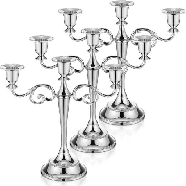 Dandat 3 Pcs 3 Arm Metal Candelabra Candlestick Holders 10.24 Inch Tall Candlestick Holders Gothic Candle Holder for Home Wedding Church Christmas Party(Silver)