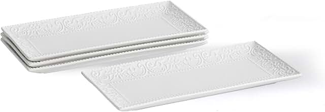 Rectangular Embossed Serving Platters Set, 12 Inch Large Ceramic Serving Plates, Stackable Serving Tray, Porcelain White Serving Platter for Appetizer, Dessert, Snacks, Steak, Dishwasher Safe (4PCS)
