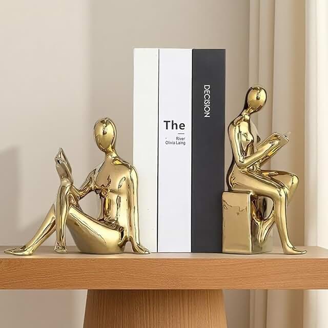 Decorative Bookends, Ceramic Book Ends for Shelves, Home Office Decor Aesthetic Book Stopper Reading Book Holders Statues for Bookshelf Bedroom Living Room Decoration (Glod)