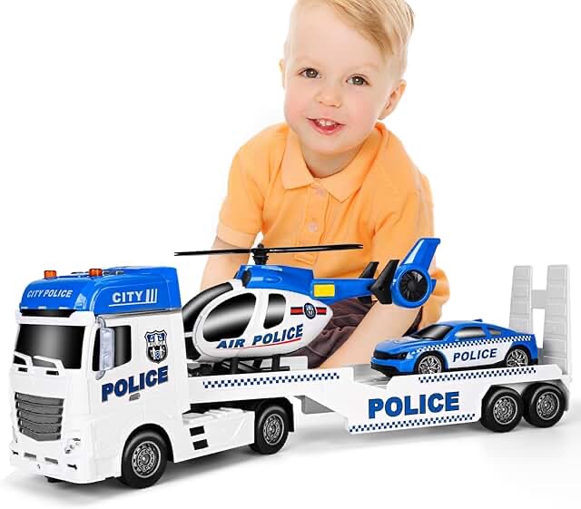 ZHFUYS 25.6" Semi Truck Toy, Big Truck Toy with Police Car and Helicopter, Police Toys with Sounds & Lights, Great Gift for 3+Years Old Boys and Girls