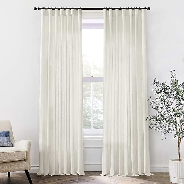 XTMYI 90 Inches Long Sheer Linen Curtains 2 Panels Set,Hook Tape Back Tab Semi Sheer Cotton Blend Fabric Modern Cottage Core Cottagecore Curtain Drapes for Living Room Bedroom,50x90 in Length