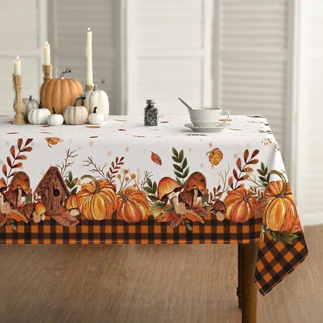 Horaldaily Fall Tablecloth 60x120 Inch Rectangular, Thanksgiving Autumn Harvest Orange Truck Gnome Pumpkin Buffalo Plaid Table Cover for Party Picnic Dinner Decor