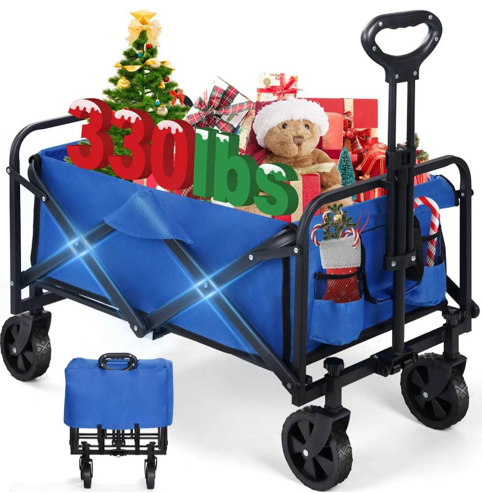 Firstness Collapsible Wagon Cart, Folding Utility Garden Wagon for Camping Beach Picnic Shopping Sports & Grocery, Blue