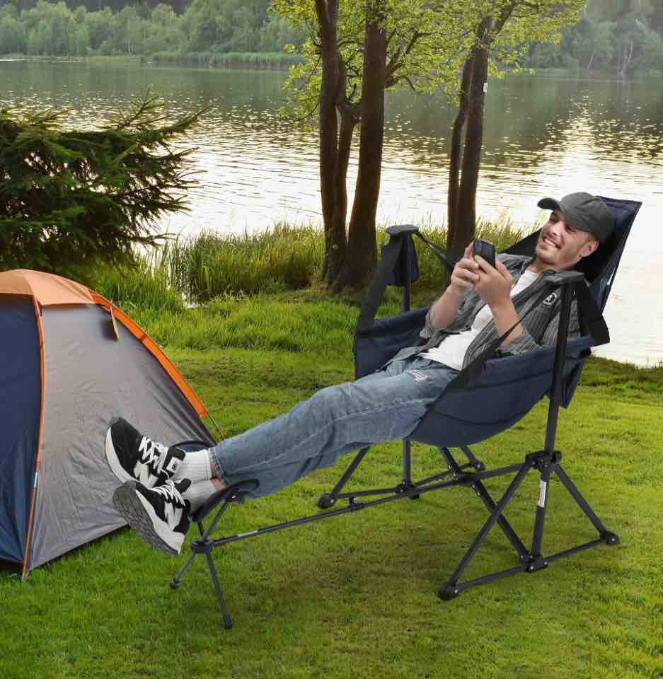 Heavy Duty 350lbs Portable Folding Camping Chair w/Adjustable Backrest & Retractable Footrest - Compact Outdoor Lawn Chair with Headrest, Cup Holder for Camping, Fishing, Hiking, Backyard