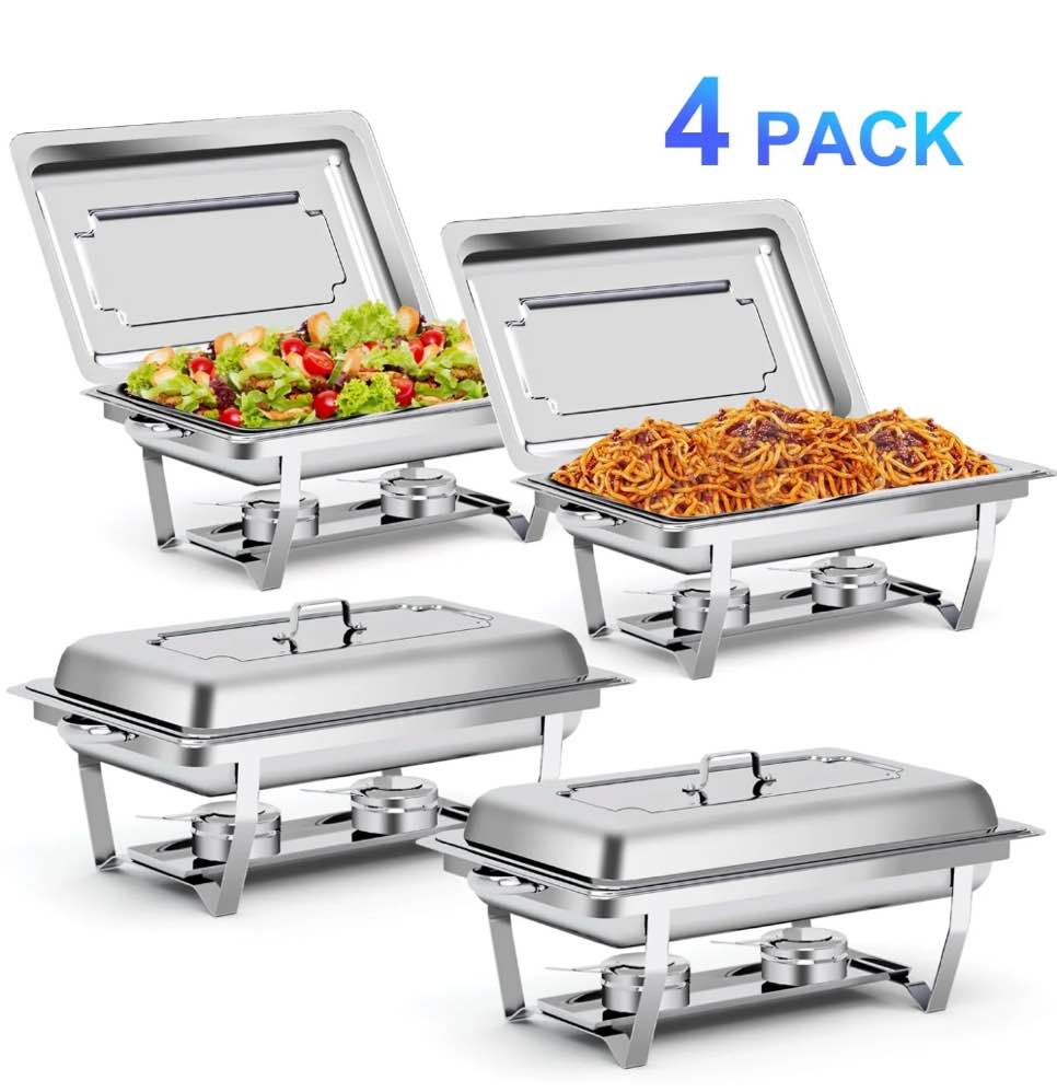 Bluebow 4 Pack Chafing Dishes for Buffet Set, Stainless Steel Catering Chafer, Serving Food Warmer with Lids, Food & Water Pans & Fuel Holders