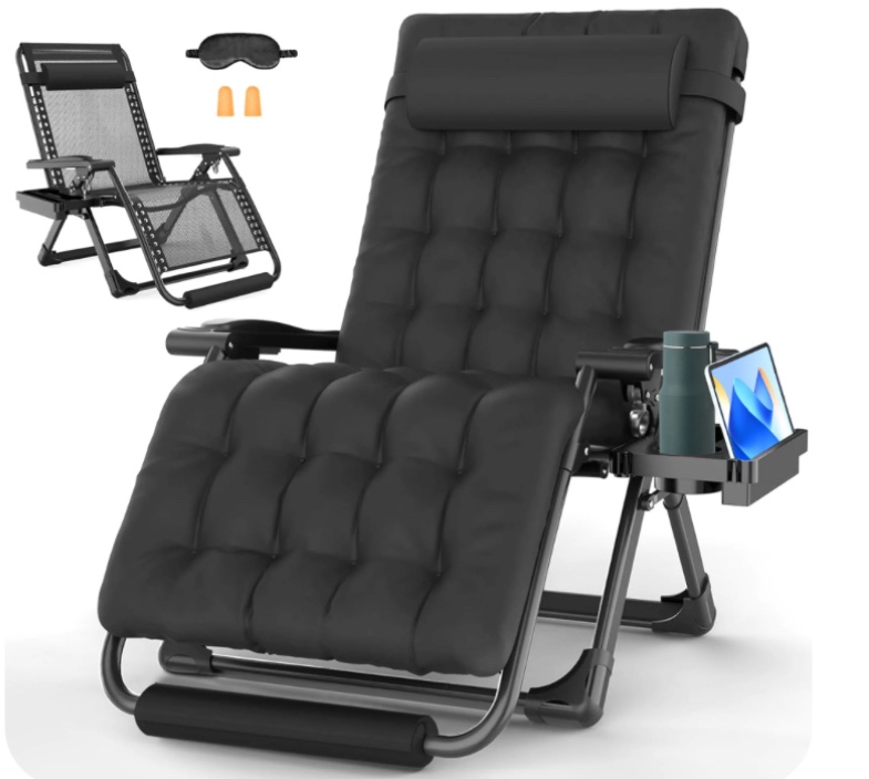 GVDV Oversized Zero Gravity Chair, 33In XXL Lounge Chair with Removable Thick Cushion, Lawn Patio Reclining Chair Upgraded Alloy Lock and Cup Holder, for Indoor Outdoor, Black