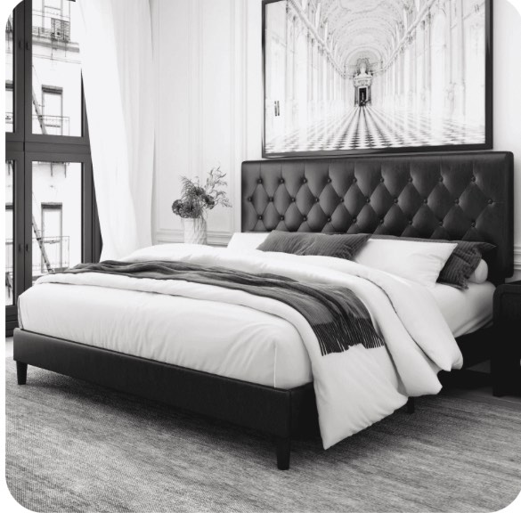 Homfa King Bed Frame, Black Faux Leather Upholstered Button Tufted Low Profile Platform Bed Frame with Adjustable Headboard for Bedroom