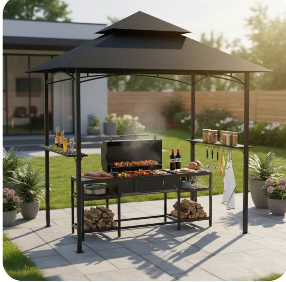 GVDV 8'x 5' Grill Gazebo Canopy, Outdoor BBQ Gazebo Shelter with 2 Side Shelves & Double-Tiered Top