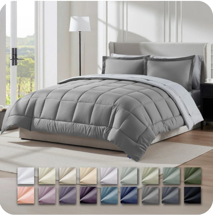 Ravure Queen Comforter Set, Bed in a bag, 7 Pc Reversible Bedding Comforter Set with Sheets, Bedding Set, Gray