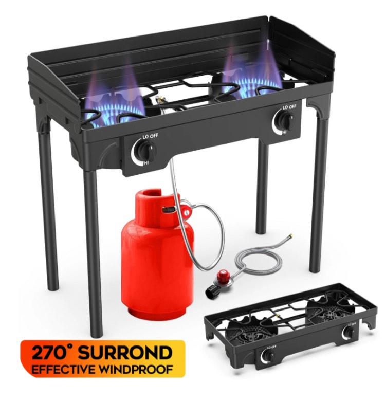 LNOW Gas Cooker Outdoor Propane Camping Stove with Wind Panel Picnic Stove Stand BBQ Grill Portable 150000 BTU Gas Stove 2 Burner for Camping