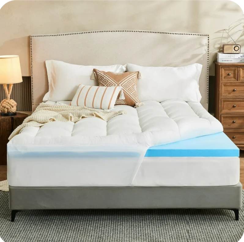 Teler Dual Layer 4 Inch Memory Foam Mattress Topper Queen Size, 2 Inch Cooling Gel Memory Foam Plus 2 Inch Pillow Top Cover