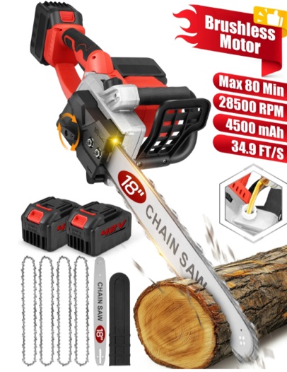 RELOIVE 18-inch Cordless Electric Chainsaw with Brushless Motor, 28,500 RPM, 34.9 FT/S Chain Speed, Includes 2 x 4.5Ah Batteries, 4 Chains,Portable Handheld Wood Cutting Tool