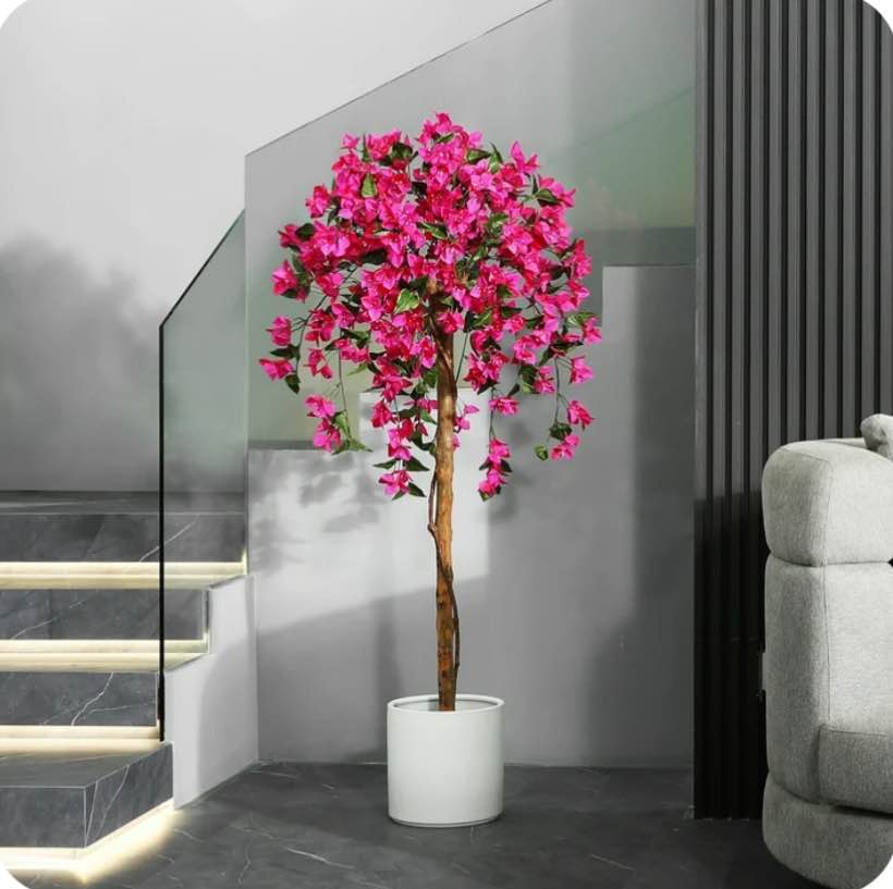 DR.Planzen 5 feet Artificial Bougainvillea Flowers Tree In Black Plastic Pot, Indoor Plants with Wood Trunk and Pink Flowers for Housewarming Decor