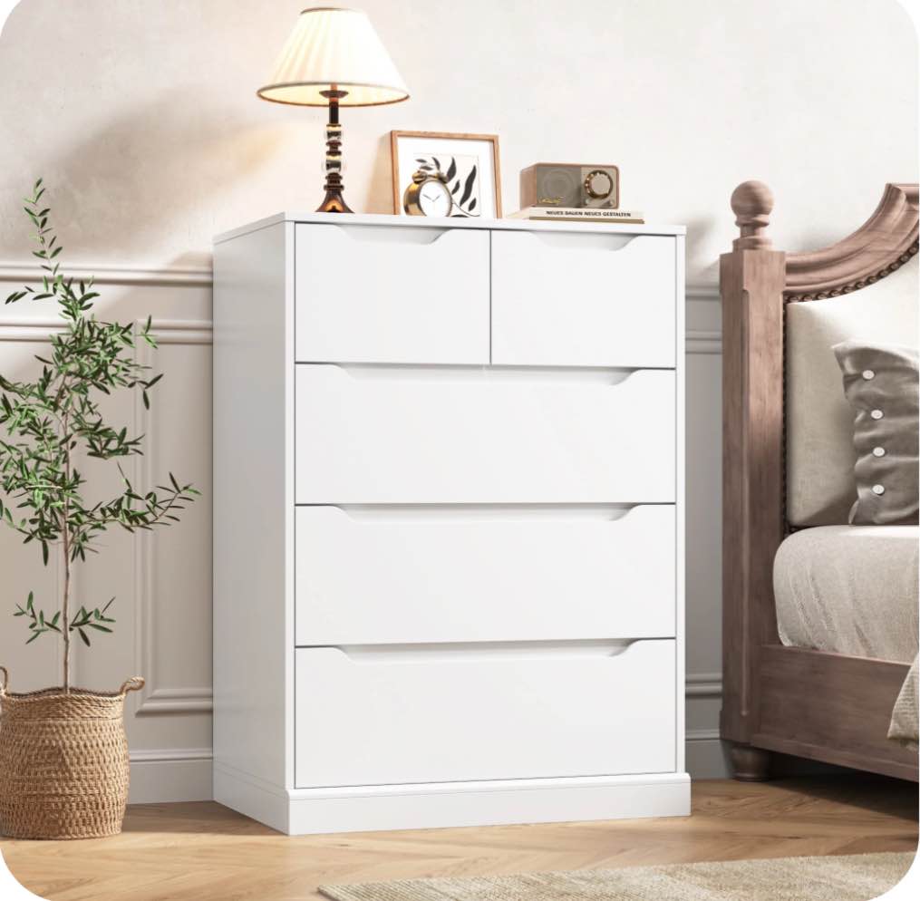 Homfa White Dresser for Bedroom, Vertical Chest of 5 Drawers Handleless Wood Storage Cabinet for Living Room