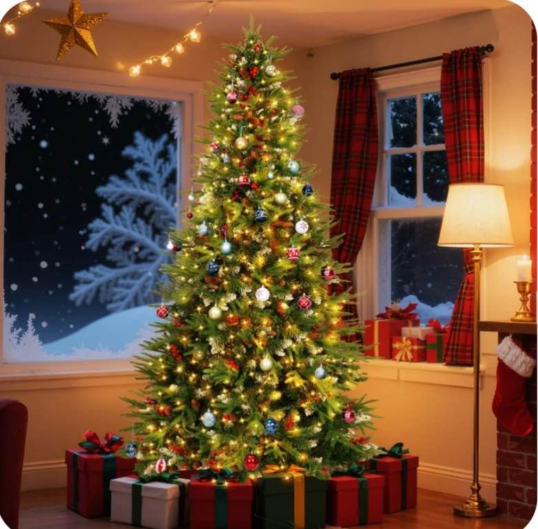 Yexmas 7.5ft Pre-Lit Artificial Christmas Trees,Green Xmas Tree with Large Christmas Tree Storage Bag,Pinecones, Berries, Realistic Artificial Christmas Trees for Home, Office, Party Decoration