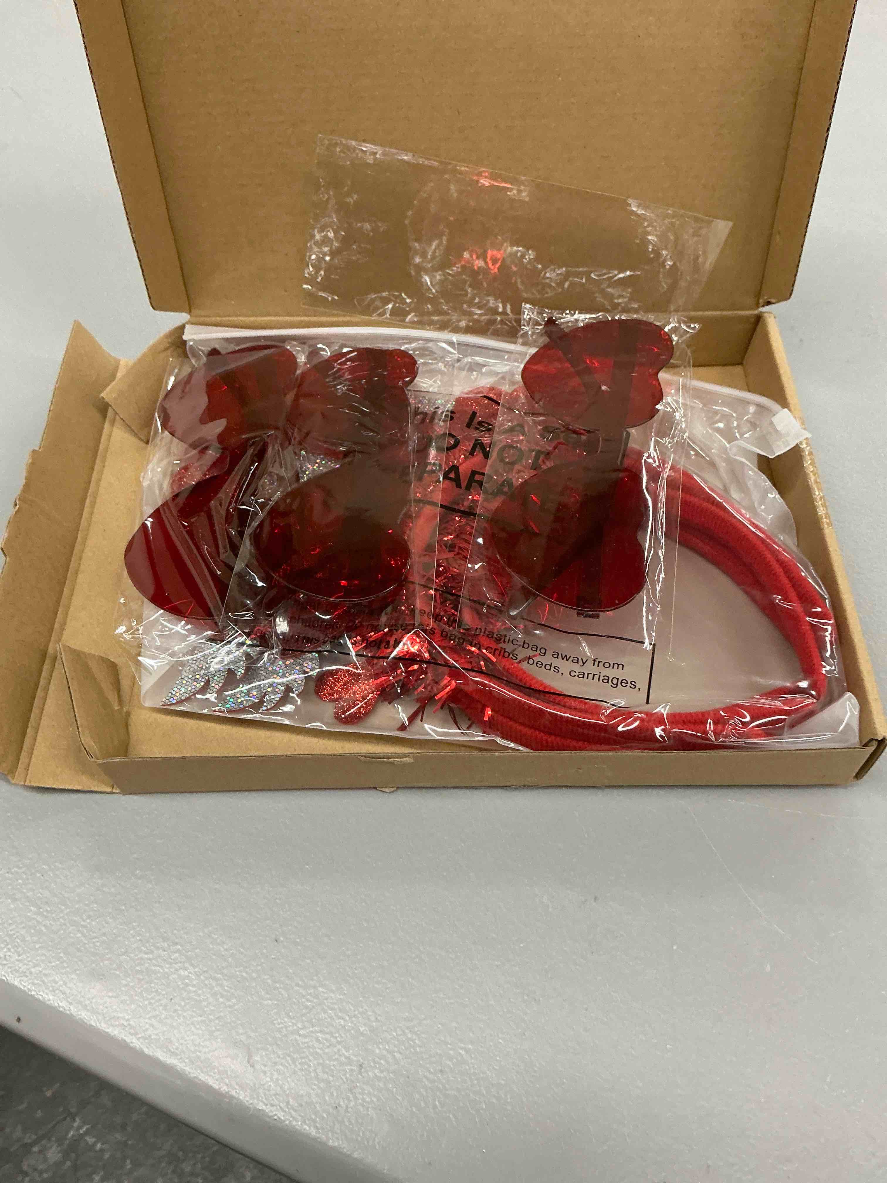 Condition photo showing New/Like New for valentines day heart headbands for women, sequins headband and heart sunglasses, sparkly hair accessories for valentine's party, bachelorette, holiday & photo props
