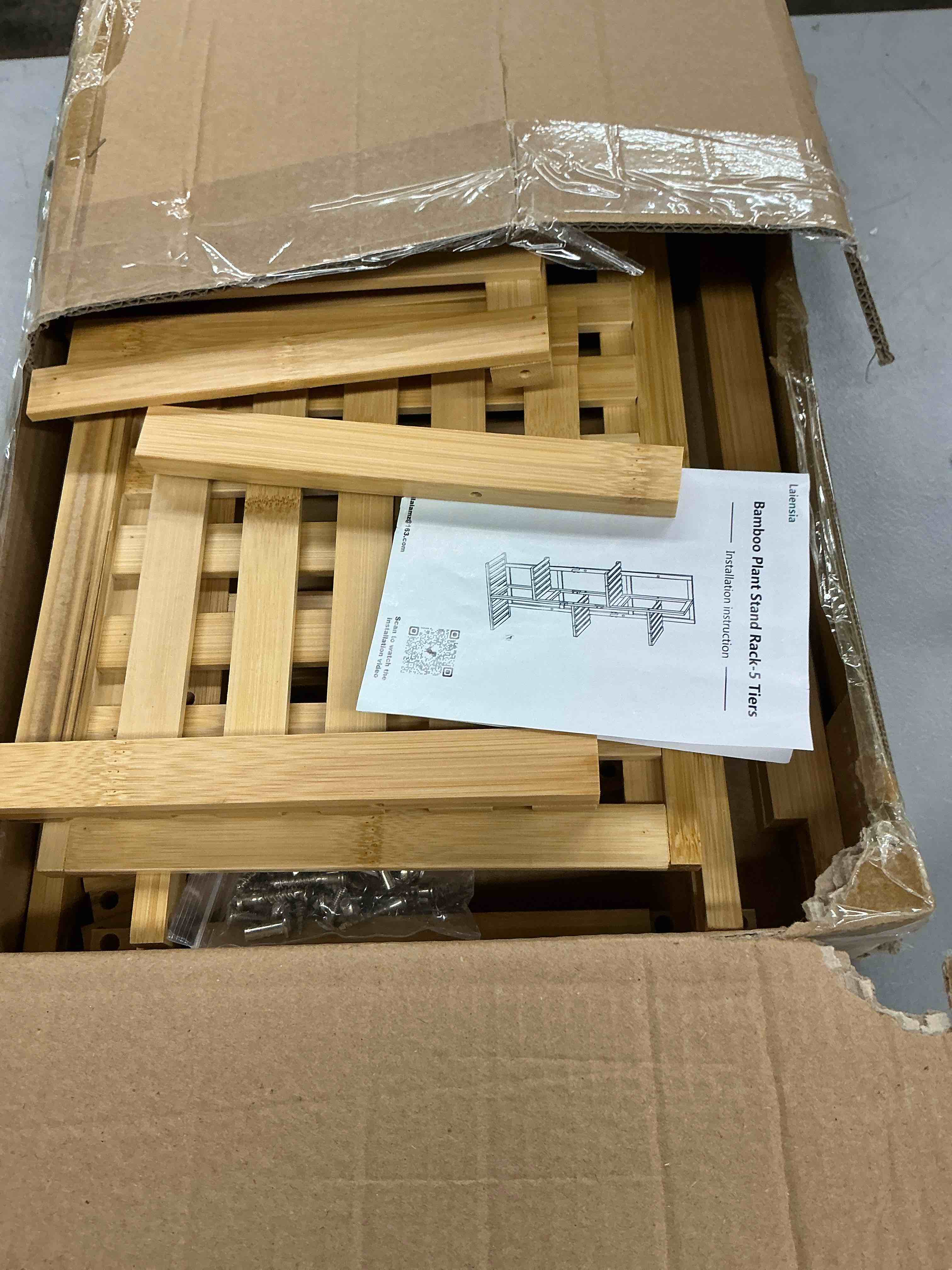 Condition photo showing Good Condition for laiensia bamboo 5 tier 6 potted plant stand rack multiple flower pot holder shelf, indoor&outdoor planter display shelves for patio garden, living room, corner balcony and bedroom,wood color 5 tier wood color
