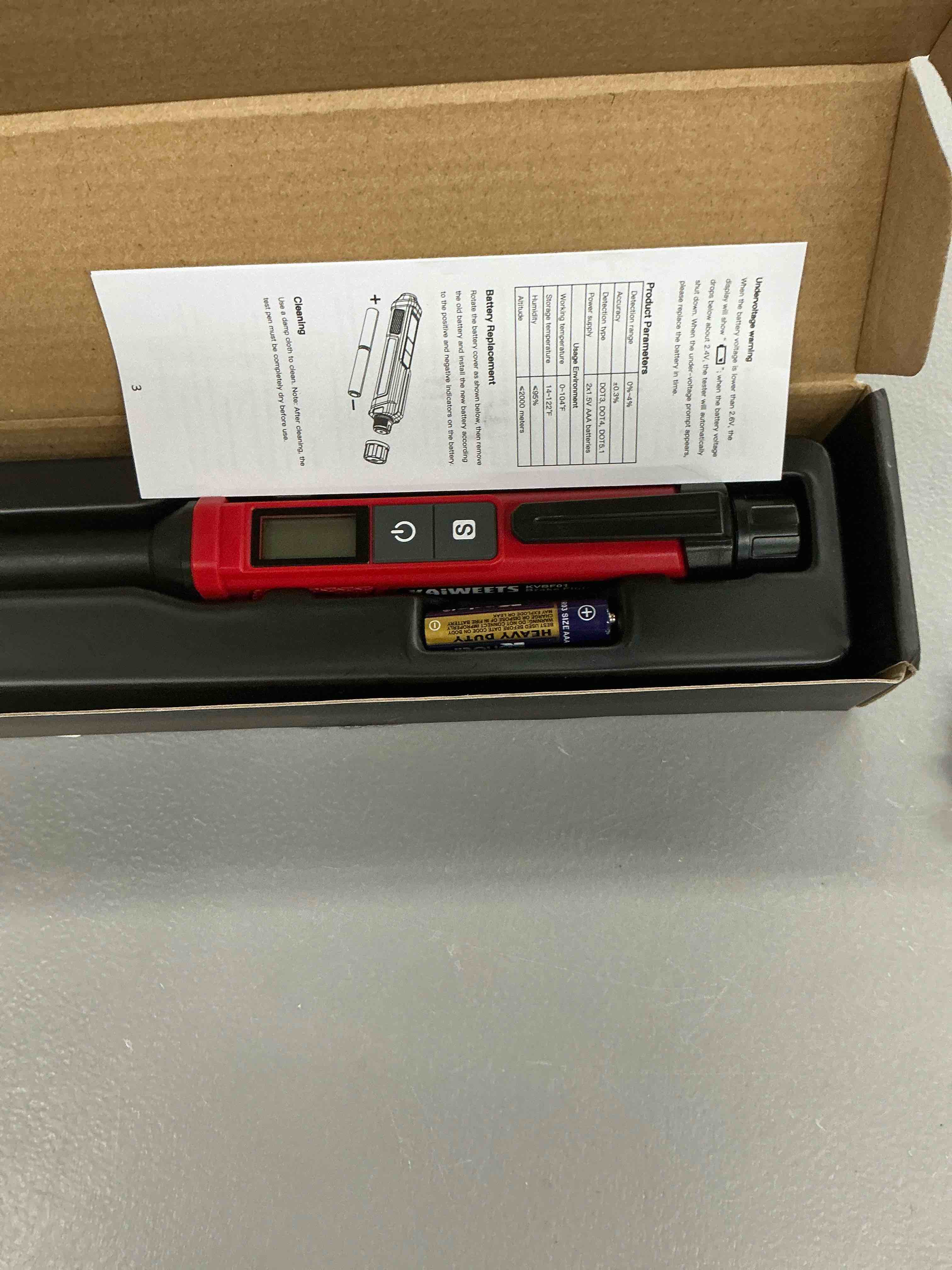 Condition photo showing Good Condition for kaiweets brake fluid tester pen with corrosion resistance probe, high-precision brake fluid moisture tester with data hold function, buzzer alarm, 3 colors backlight, calibrated for dot3, dot4, dot5.1 corrosion resistance red 1