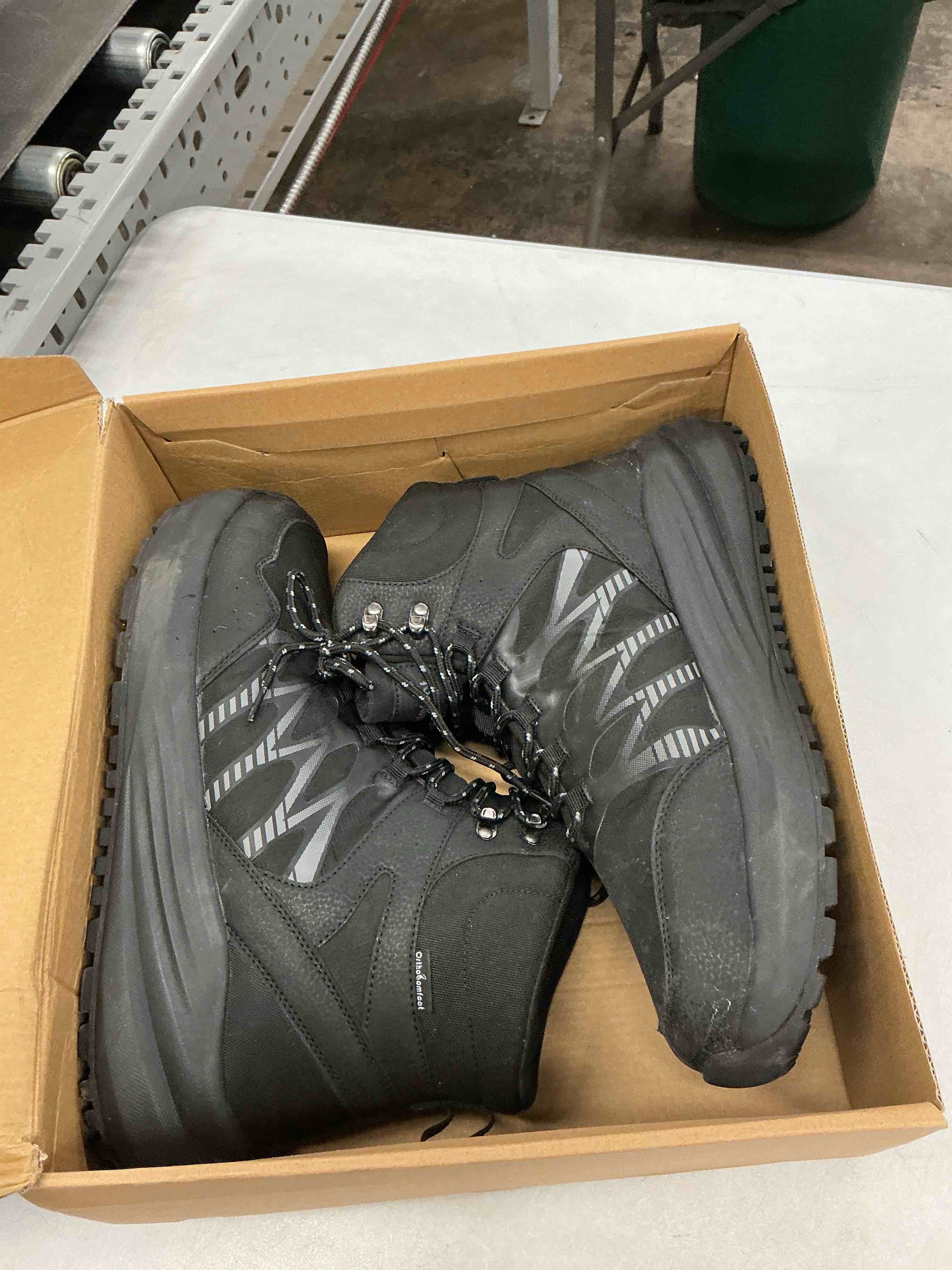 Condition photo showing Good Condition for men's orthopedic wide waterproof hiking boots: comfortable plantar fasciitis work walking running trekking shoes, orthotic non slip adventures ankle support trail mid boots for foot pain relief 14 wide k1-black size 48