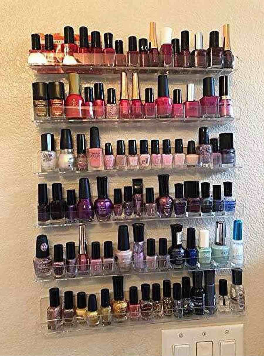 NIUBEE Nail Polish Rack, Clear Acrylic Nail Polish Wall Organizer Holder Display 96 Bottles, Removable Anti-slip End Inserts,Floating Nail Shelf for Paints and Essential Oils