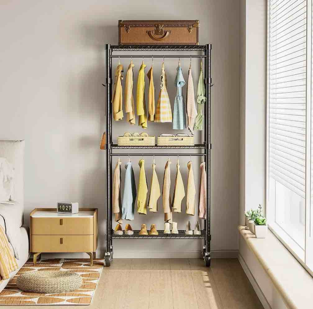 WEENEED Rolling Garment Rack with Wheels, Double-Layer Rotating Clothes & Coat Organizer with Hat Hooks, Multi-Functional Clothing Storage for Bedroom or Closet