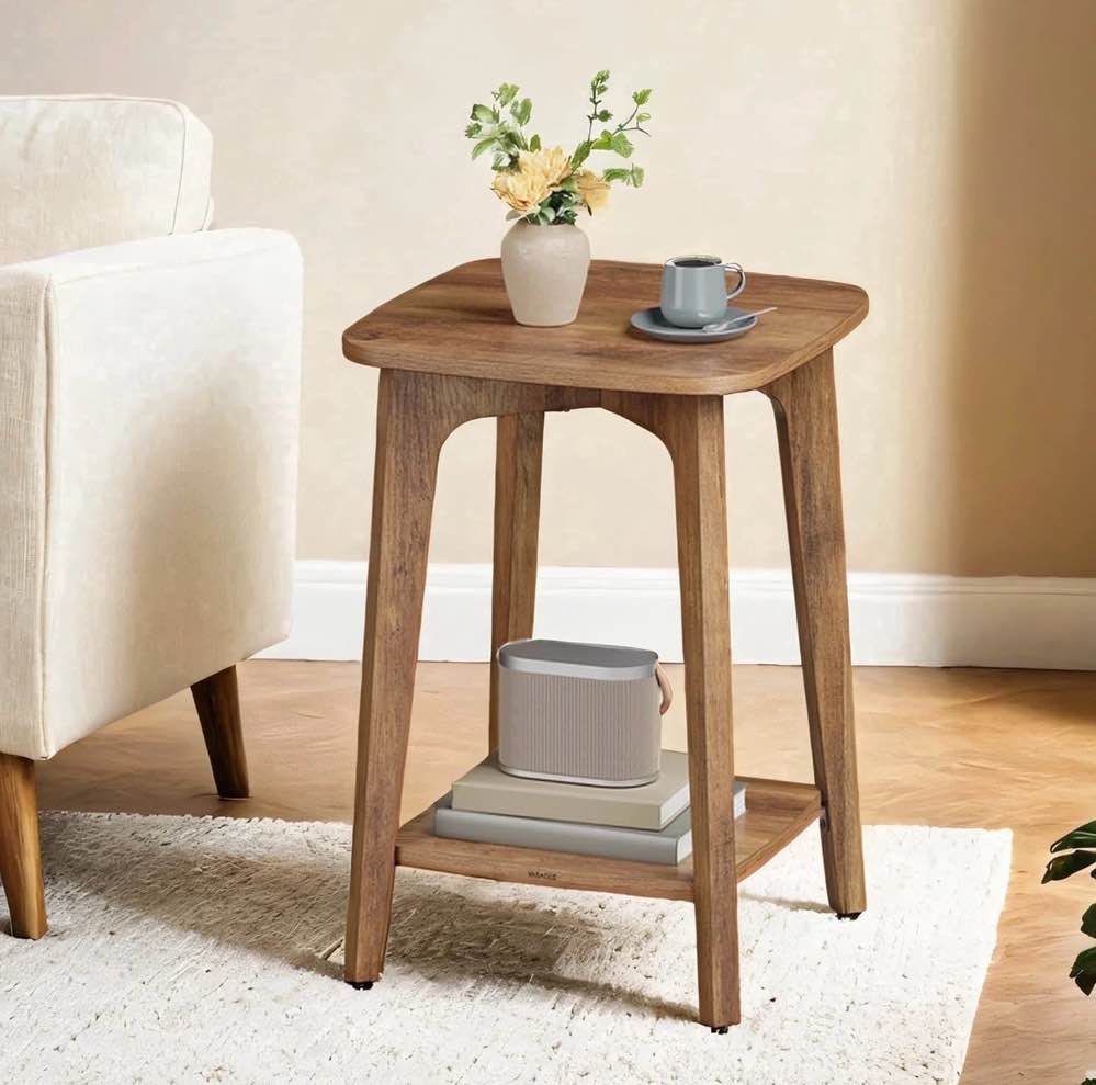 LEDREM Mid-Century 2 Tiers Accent Table, Square Side Table with Storage Shelf, 198lb Capacity, Sturdy End Table for Apartment, Dorm, Home Office, Brown