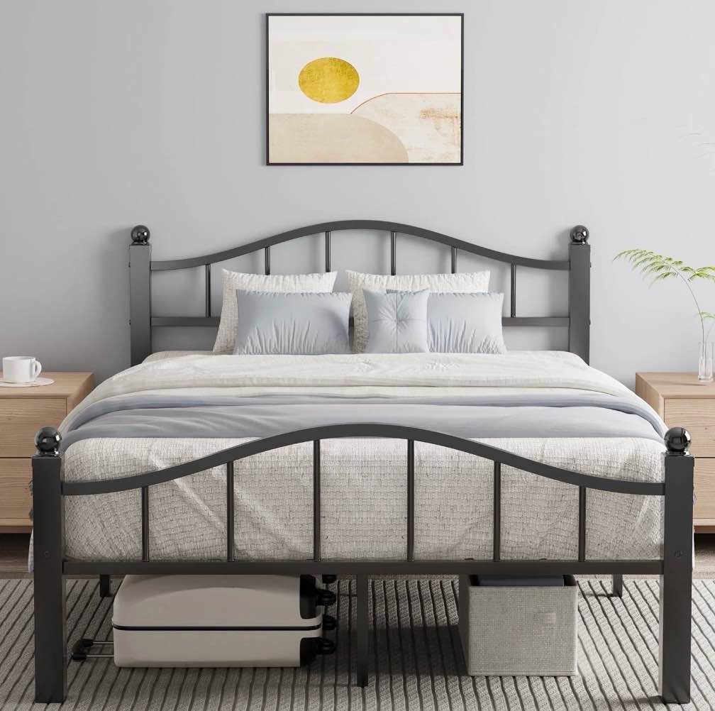 Metal Full Size Bed Frame, Noise-Free Design & Underbed Storage Heavy Duty Bed Frames with Headboard No Box Spring Needed/Tool-Free Assembly