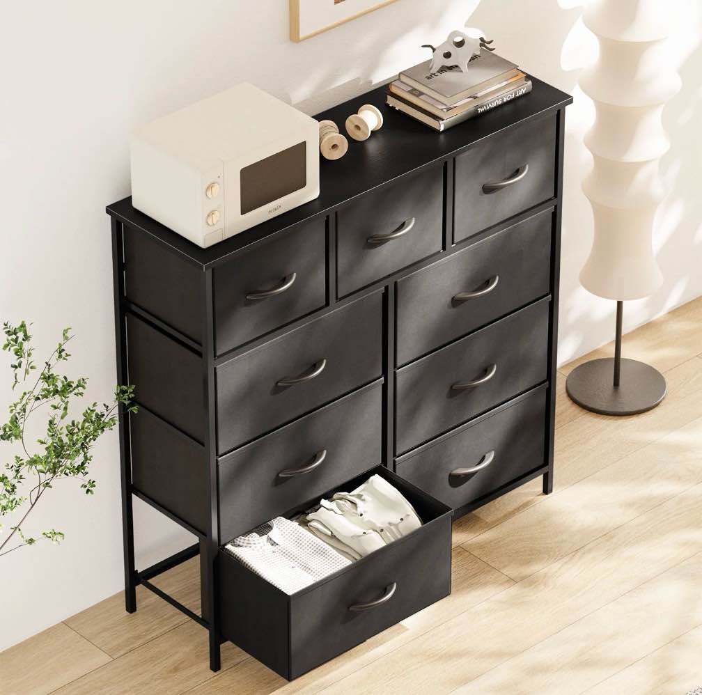 edx 9 Drawer Fabric Dresser for Bedroom, Chest of Drawer Organizer Storage Cabinet for Closet, Entryway, Black